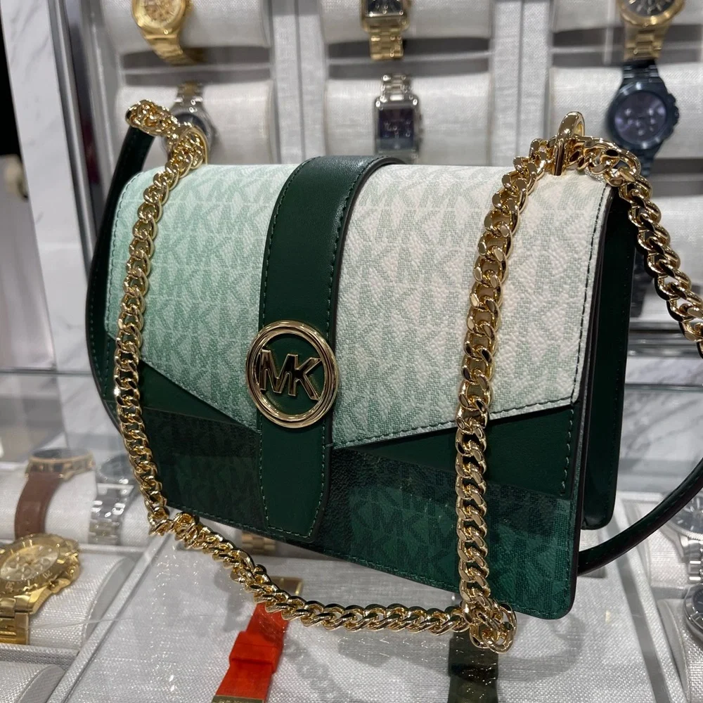 Michael Kors Greenwich Sm Color-Block Signature Logo Flap Crossbody XBODY Moss